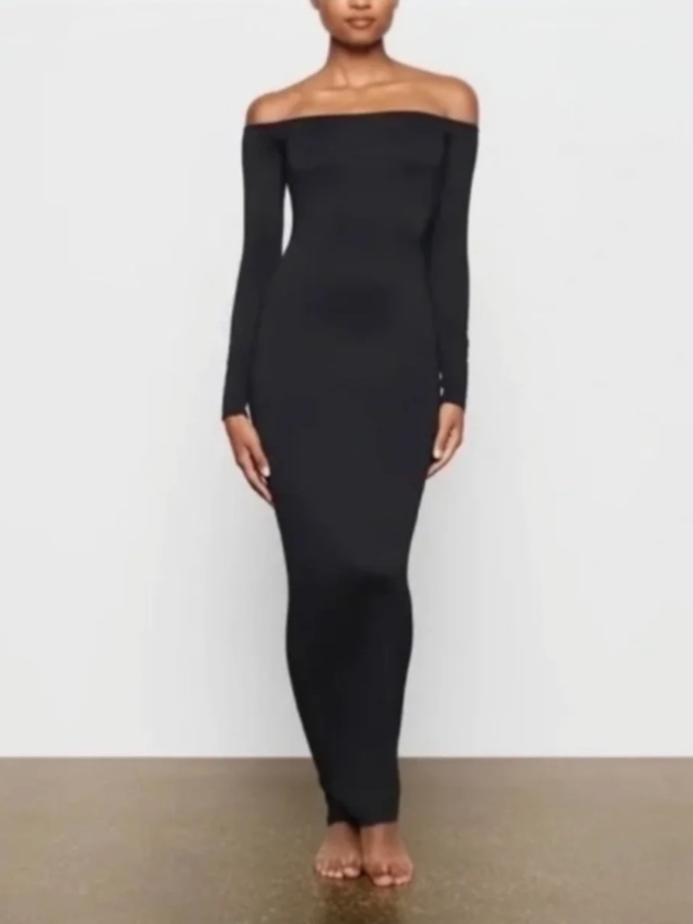 Skims Black Off-the-Shoulder Long Sleeve Maxi Dress
